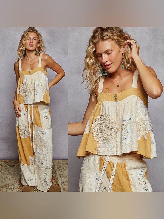POL Pants - POL Patchwork Cream and Mustard Top and Wide-Leg pant set